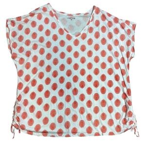 My Style 100% White Cotton With Orange Floral Leaf Pattern Cinch Sides Top 3X